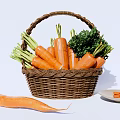 Fresh Carrots in Wicker Basket with Green Leaves Single Carrot Beside Small Plate and Slices