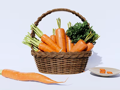 Fresh Carrots in Wicker Basket with Green Leaves Single Carrot Beside Small Plate and Slices 3d model