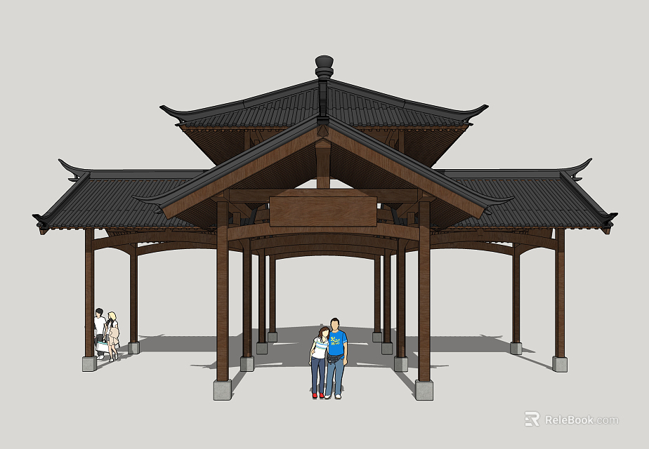 Traditional Chinese Pavilion with Wooden Structure Black Tiles Overhanging Eaves and People Underneath 3d model 