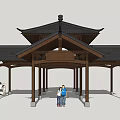 Traditional Chinese Pavilion with Wooden Structure Black Tiles Overhanging Eaves and People Underneath