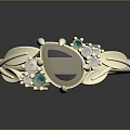 Gold Ring with Gray Center Gemstone Green and White Accents Leaf Shaped Design
