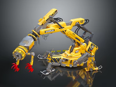 Yellow CAT Industrial Robot Arm With Red Claws And Mechanical Structure 3d model
