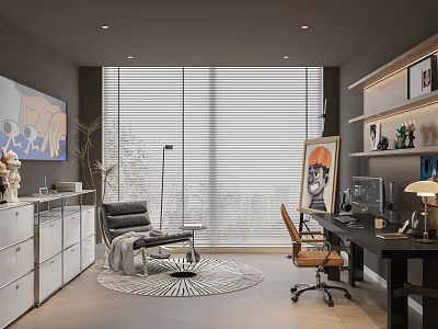 Modern Home Study Room with Large Window Blinds Floating Bookshelves Desk Office Chair and Framed Artwork 3d model