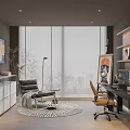 Modern Home Study Room with Large Window Blinds Floating Bookshelves Desk Office Chair and Framed Artwork