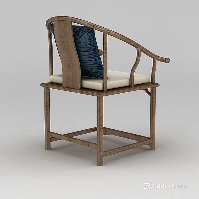 Technology Exhibition Hall Display With Wooden Chair Curved Armrests White Cushion And Blue Pillow 3d model 