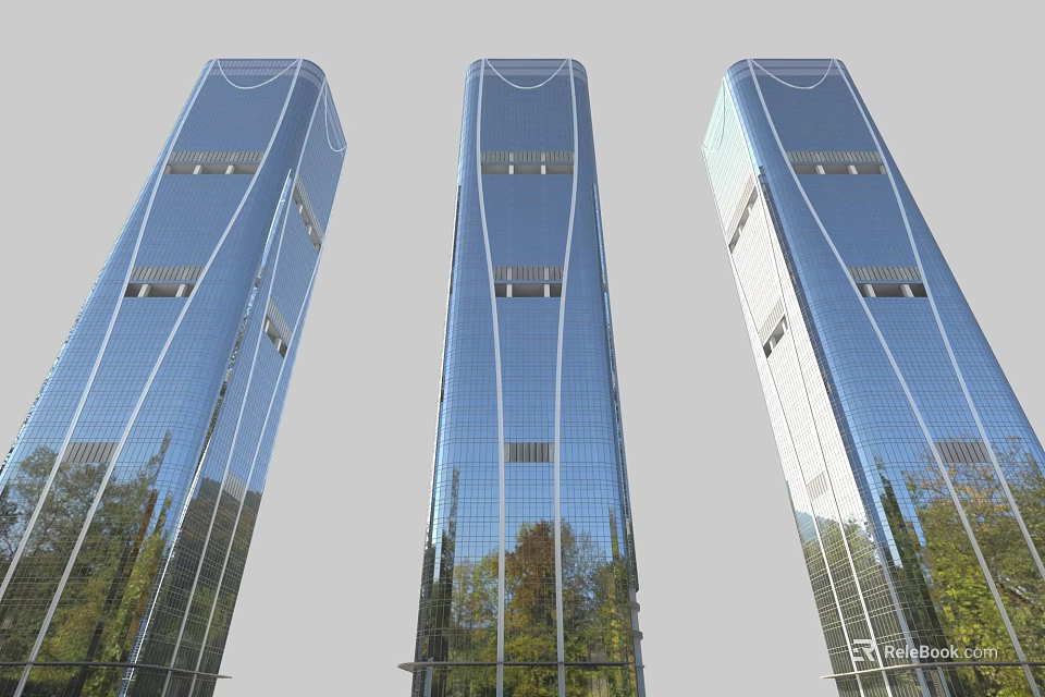 Modern Tall Office Buildings With Glass Curtain Walls And Tree Reflections 3d model 