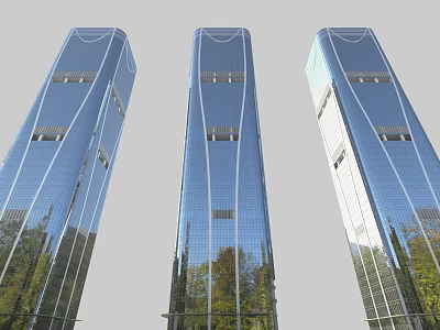 Modern Tall Office Buildings With Glass Curtain Walls And Tree Reflections 3d model