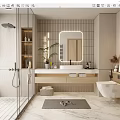 Modern Minimalist Bathroom With Glass Shower Mirror Marble Vanity And Potted Plant