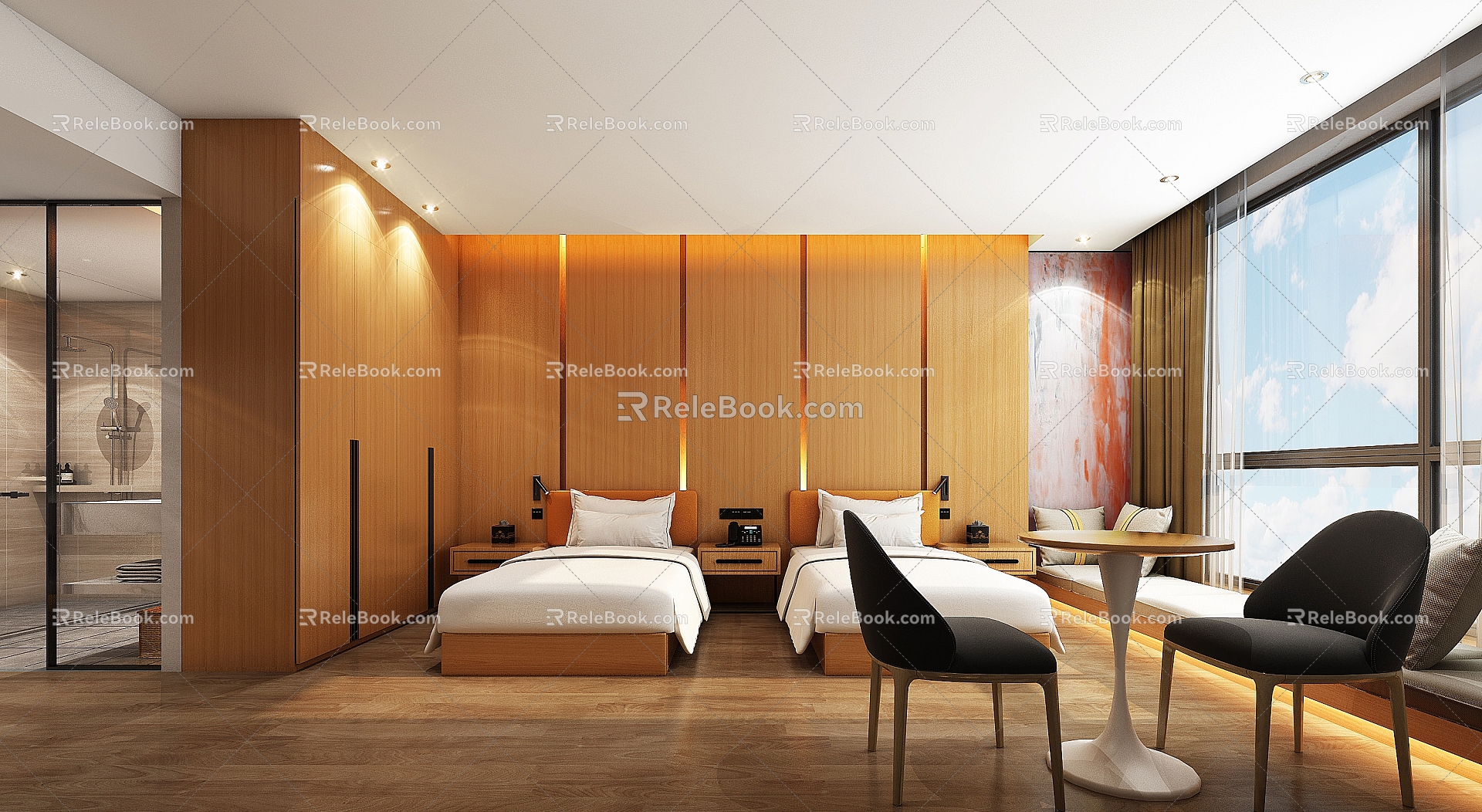 Modern hotel rooms, hotel standard rooms, log style hotel rooms, hotel furniture supplies, hotel accessories 3d model