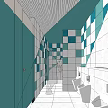 Public Restroom Interior With Orange White Tiles Geometric Patterns Stalls And Washbasin Mirror