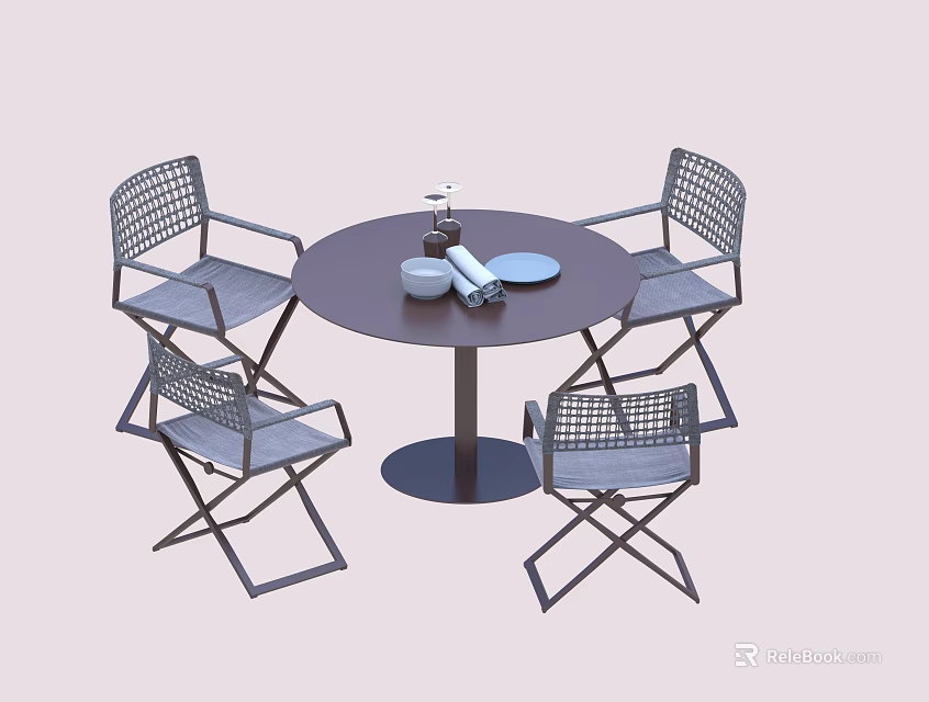Outdoor Round Dining Table with Folding Metal Mesh Chairs and Garden Patio Tableware 3d model 