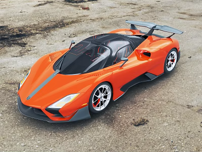 Orange Supercar With Sleek Design Black Roof And Rear Spoiler On Gravel Ground 3d model