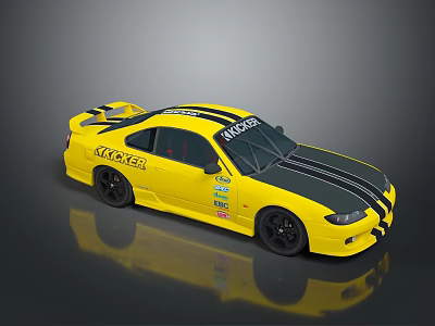 Yellow Modified Racing Car With Black Stripes KICKER Logo And Sponsor Decals 3d model