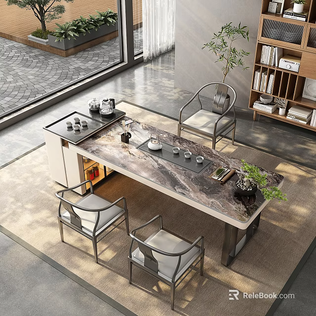 Modern Tea Room Interior With Marble Tea Table Chairs Tea Sets Window Bookshelf And Plant 3d model 