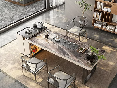 Modern Tea Room Interior With Marble Tea Table Chairs Tea Sets Window Bookshelf And Plant 3d model