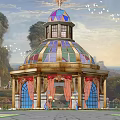 Decorative Gazebo With Stained Glass Dome Columns Green Lawn And Trees