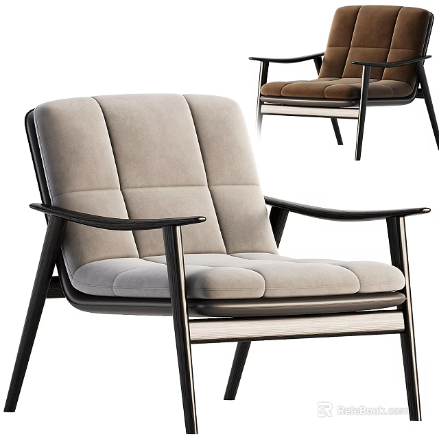 Modern Minimalist Leisure Chair With Light Gray Brown Padded Seat Black Frame Armrest 3d model 