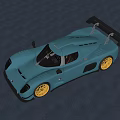 Blue Sports Car With Gold Wheels And Rear Wing On Black Background