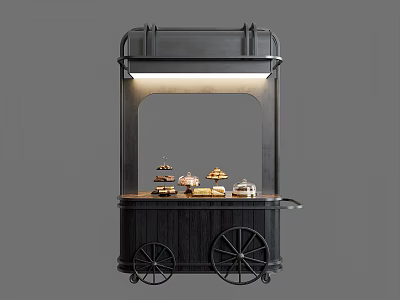 Dessert Shop Black Mobile Cart With Lit Top Wheels And Displayed Pastries 3d model