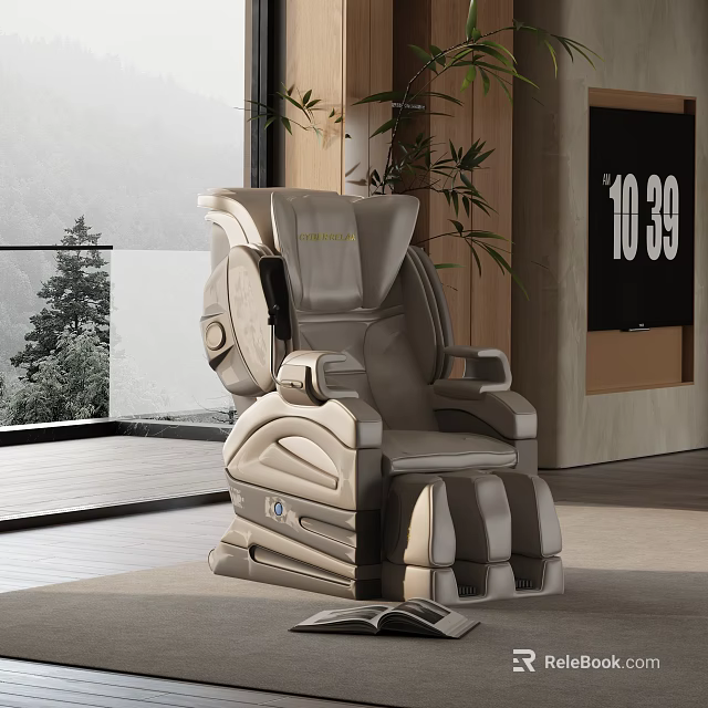 Modern Beige Leather Massage Recliner In Living Room With Natural View And Plants 3d model 