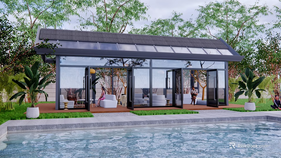 Elegant Glass Sunroom Design With Black Roof Surrounded By Trees And Water Pool 3d model 