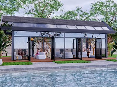 Elegant Glass Sunroom Design With Black Roof Surrounded By Trees And Water Pool 3d model