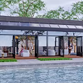 Elegant Glass Sunroom Design With Black Roof Surrounded By Trees And Water Pool