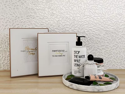 Modern Minimalist Bathroom Accessories With Framed Prints Marble Tray And Soap Dispenser On Wooden Table 3d model