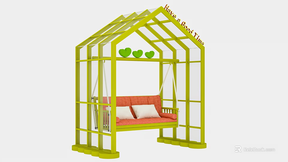 Green Frame Swing Structure With Red Sofa Heart Decorations And Have a Good Time Text 3d model 