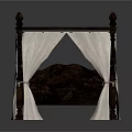 Dark Wooden Carved Four Poster Double Bed with White Canopy Curtains and Mattress