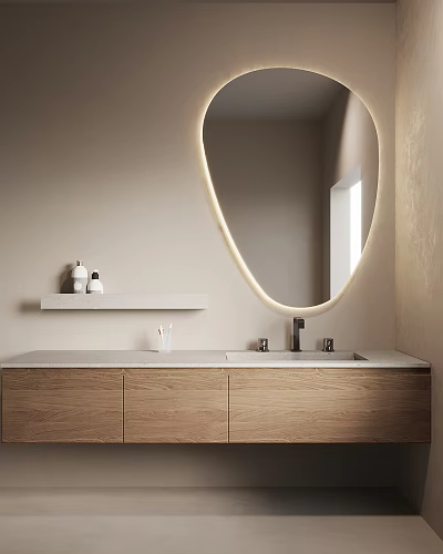 Wooden Bathroom Vanity Cabinet With White Countertop Double Faucets Illuminated Oval Mirror And Wall Shelf 3d model