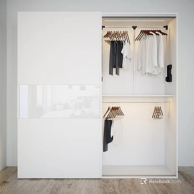 Modern White Open Wardrobe Design With Hanging Rods Shelves And Clothes 3d model 