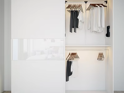 Modern White Open Wardrobe Design With Hanging Rods Shelves And Clothes 3d model