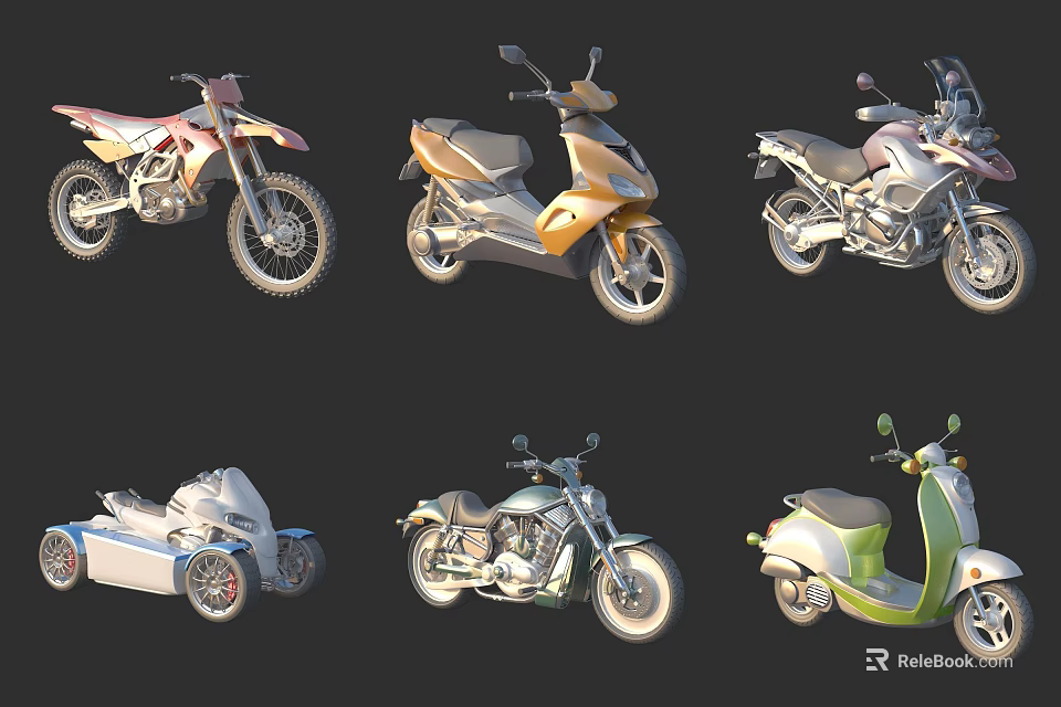 Various Types of Motorcycles Including Off Road Scooter Cruiser and Adventure Models 3d model 