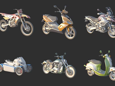 Various Types of Motorcycles Including Off Road Scooter Cruiser and Adventure Models 3d model