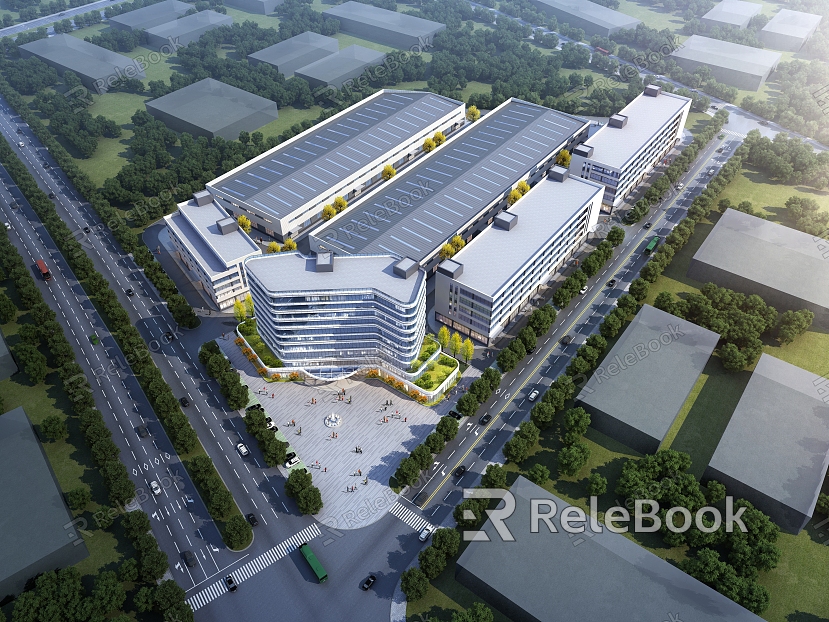 Modern Industrial Park Factory Planning Office Building Dormitory Warehouse Aerial View Street Perspective model