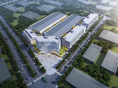 Modern Industrial Park Factory Planning Office Building Dormitory Warehouse Aerial View Street Perspective model