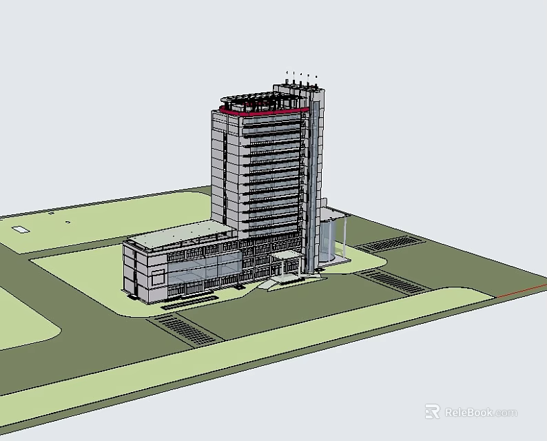 Modern High Rise Office Building With Low Rise Annex And Glass Facade 3d model 