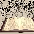 Open Book with Flying Doodle Style Musical Instruments and Art Supplies Symbols