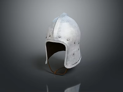 Medieval Silver Metallic Texture Helmet With Strap On Gray Background Reflection 3d model