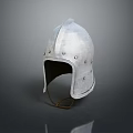 Medieval Silver Metallic Texture Helmet With Strap On Gray Background Reflection 3d model