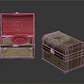 Wooden Decorative Storage Boxes With Red Lined Interior Red Plate Green Items And Patterned Surface 3d model