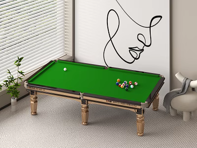 Modern Billiard Table With Green Felt Surface Billiard Balls Wooden Legs And Window Blinds 3d model