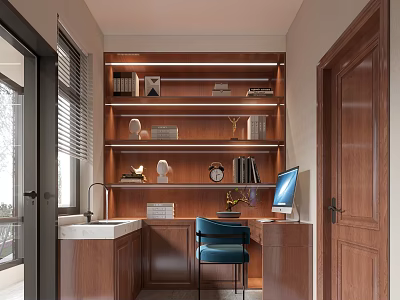 Modern Minimalist Study Room With Wooden Shelves Desk Blue Chair And Computer 3d model