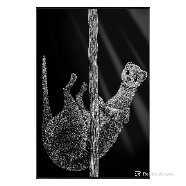 Black and White Weasel Animal Painting Clinging to Vertical Pole with Stippling Style 3d model 