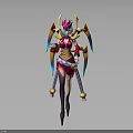 Mythical Female Character in Ornate Red Gold Costume with Winged Headdress and Blue Accents Standing