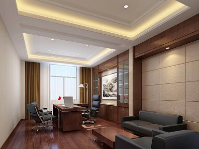 Modern Office Interior With Wooden Decor Desk Sofa Window Ceiling Light And Decorative Painting 3d model
