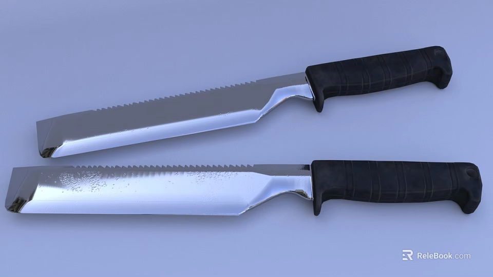 Two Silver Serrated Blade Weapons With Black Textured Handles And Sharp Edges 3d model