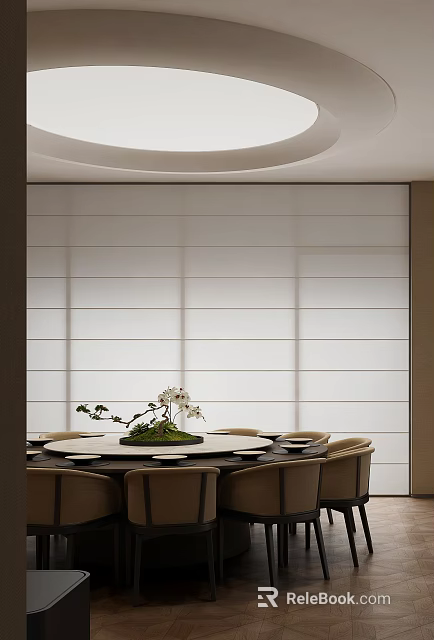 Elegant Private Dining Room With Round Table And Decorative Plant 3d model