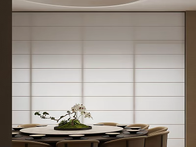 Elegant Private Dining Room With Round Table And Decorative Plant 3d model